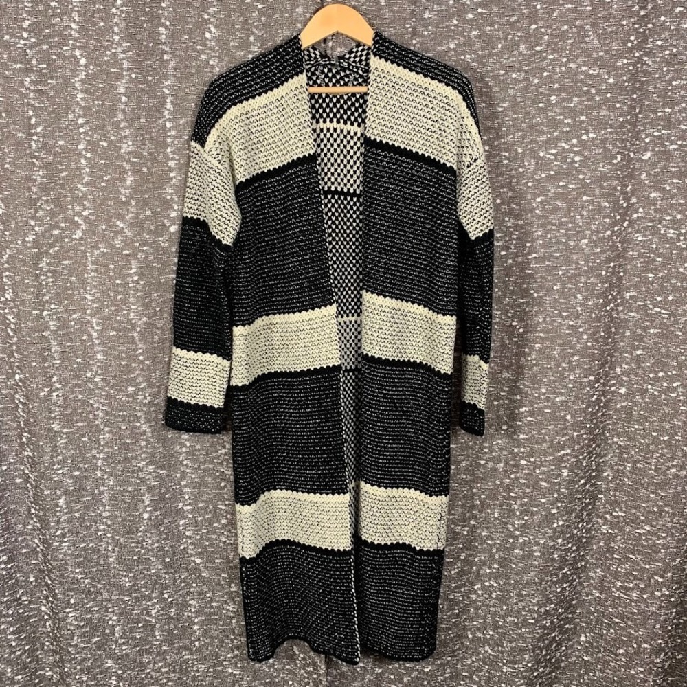 Paparazzi By Biz Knit Cardigan Duster Sweater Black/White Boho Women's Large